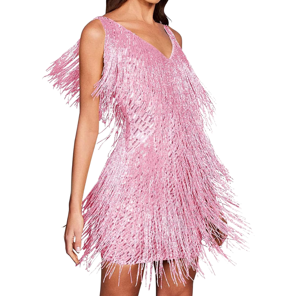 Vestito slip con scollo a V in paillettes  -Rosa/SRosa/MRosa/LRosa/XLRosa/XXLRosa/3XL - Ozerty